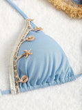 Summer Trendy Bikini Women's Triangle Cup Beach Set, Solid Light Blue Color, Lace Up Detail, Medium Stretch Fabric