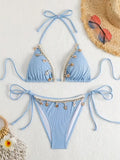 Summer Trendy Bikini Women's Triangle Cup Beach Set, Solid Light Blue Color, Lace Up Detail, Medium Stretch Fabric