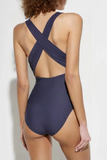 New Women's Solid Navy Blue V-Neck One-Piece Swimsuit Sexy Backless Crisscross Strap