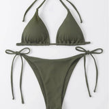 Women's Two Piece Bikini Olive Drab Swimsuit Sexy Ribbed Triangle Top Bathing Suits String Cheeky Bikini Sets