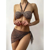 Bikini three piece leopard print skirt suspenders