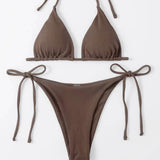 Women's Two Piece Bikini Olive Drab Swimsuit Sexy Ribbed Triangle Top Bathing Suits String Cheeky Bikini Sets